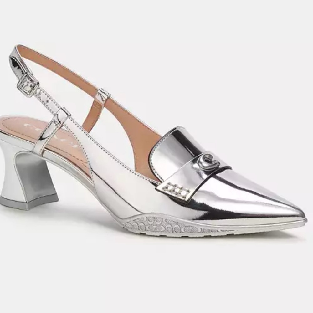 New Coach Metallic Silver Slingback Heels